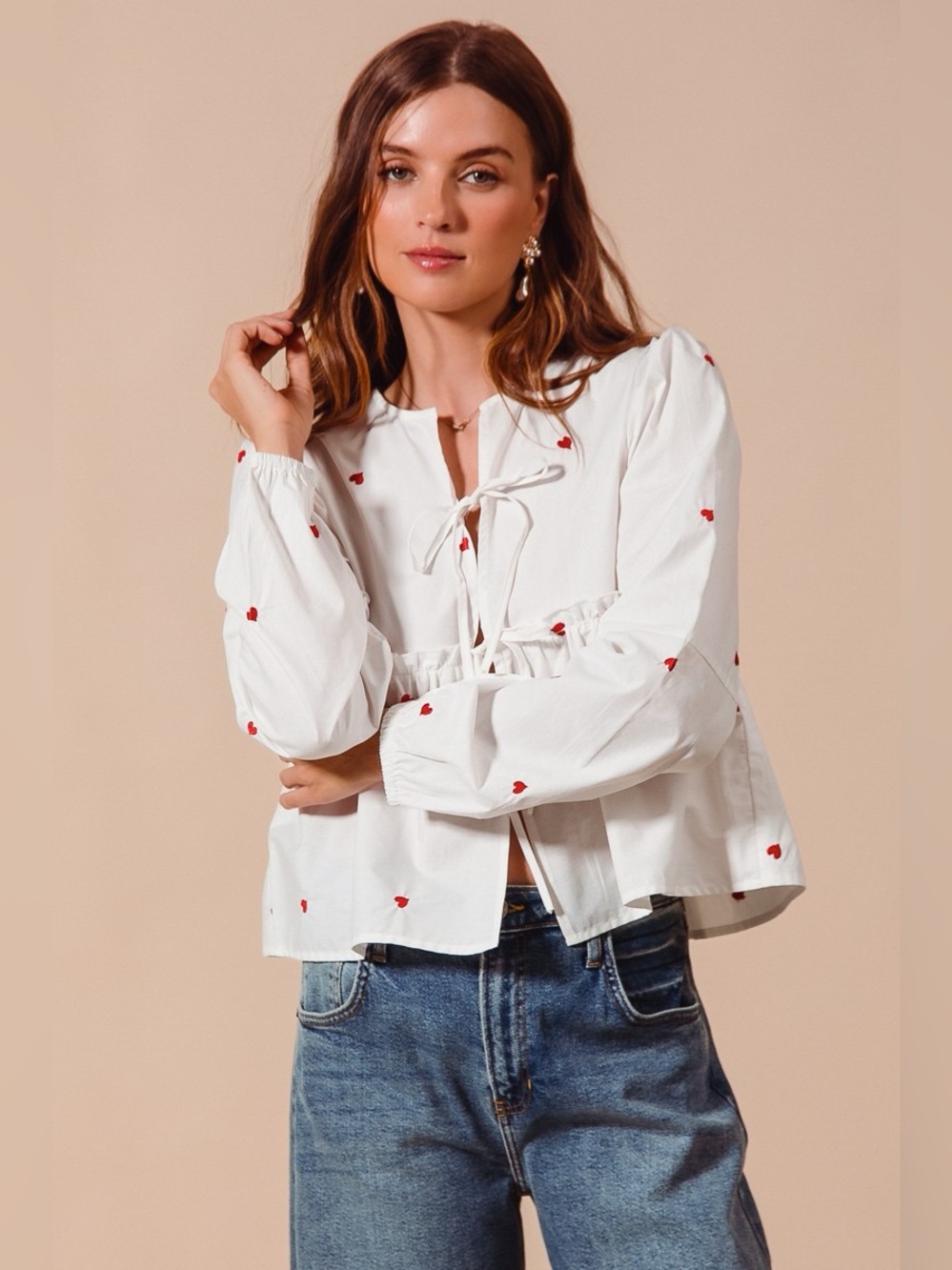 SO ME Front Tie Heart Embroidered Blouse With Puff Sleeve - Picture 5 of 11